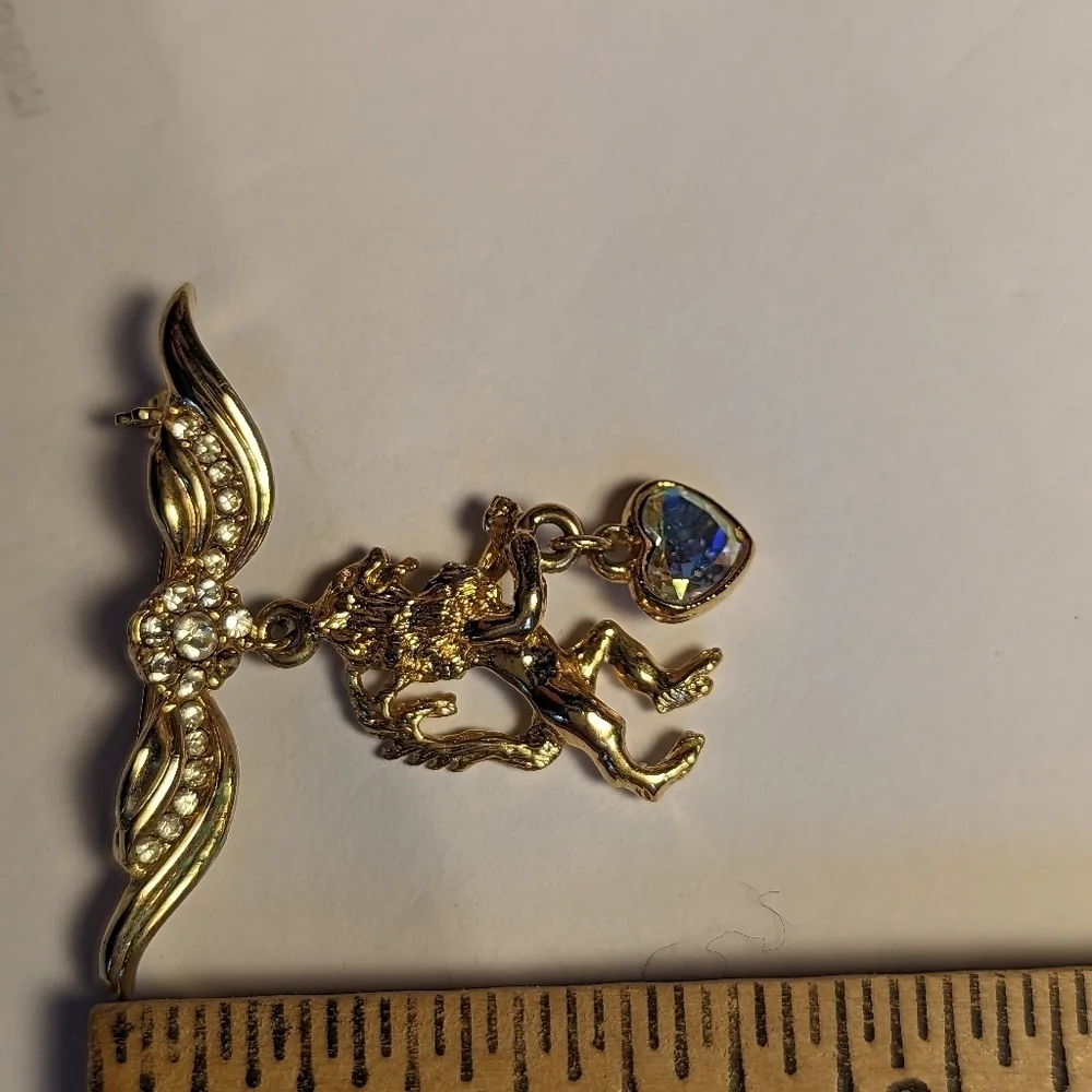 Lion Angel Gryffin pin brooch rhinestone 10k gold plated Mystical Magical Royal